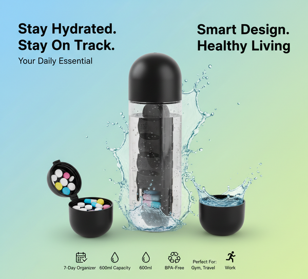 💧 2-in-1 Water Bottle with Built-In Pill Organizer